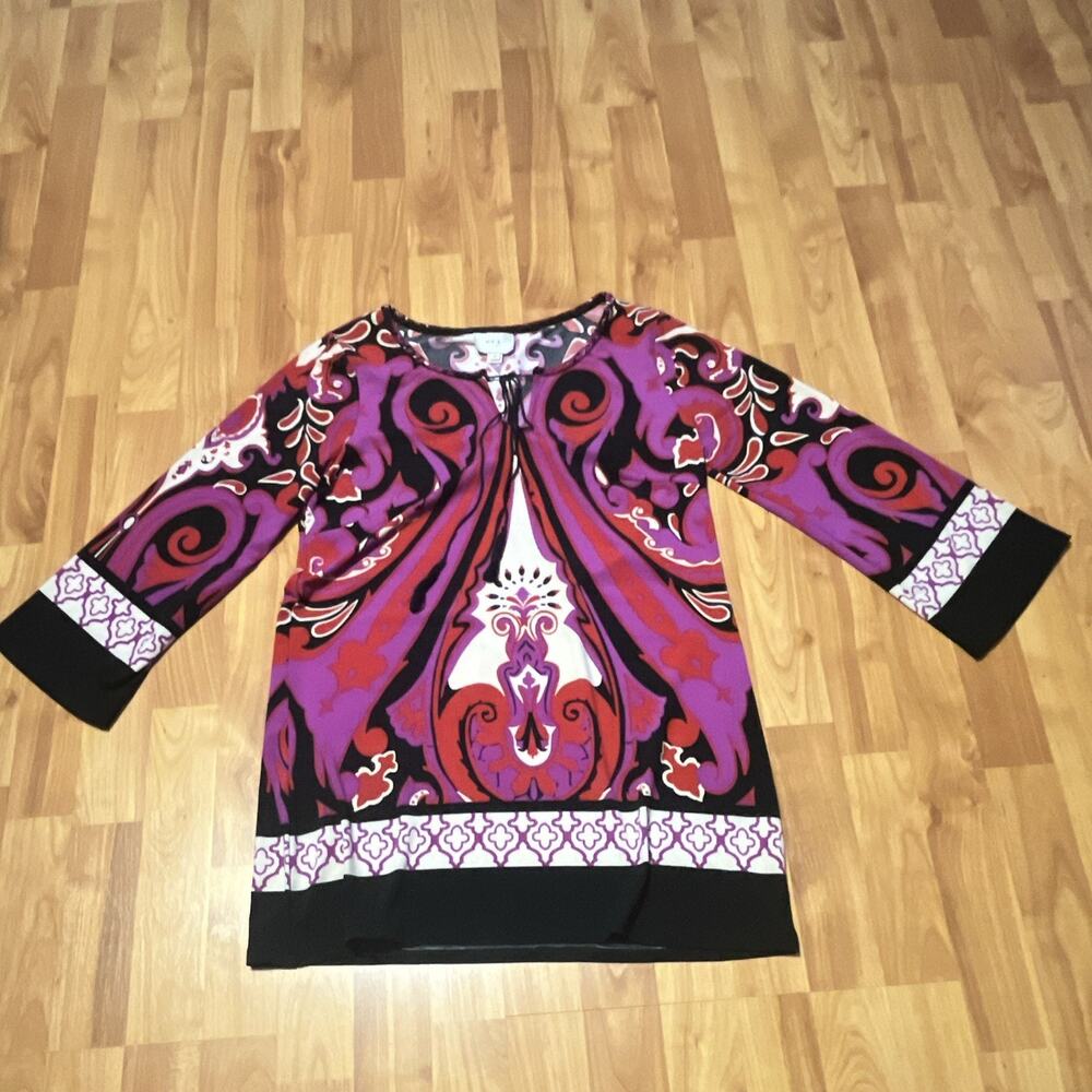 ECI New York Women's M Tunic Blouse Purple/Red/Black Abstract V-Neck 3/4 Sleeve